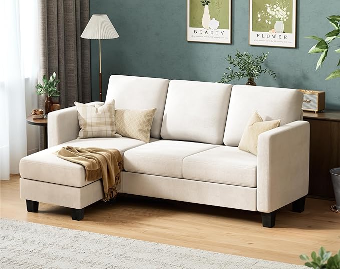 VICTONE Convertible Sectional Sofa Couch, 3 Seat L-Shaped Sofa with Linen Fabric Ottoman Small Couch for Small Apartments, Living Room and Office (Linen Fabric, White)