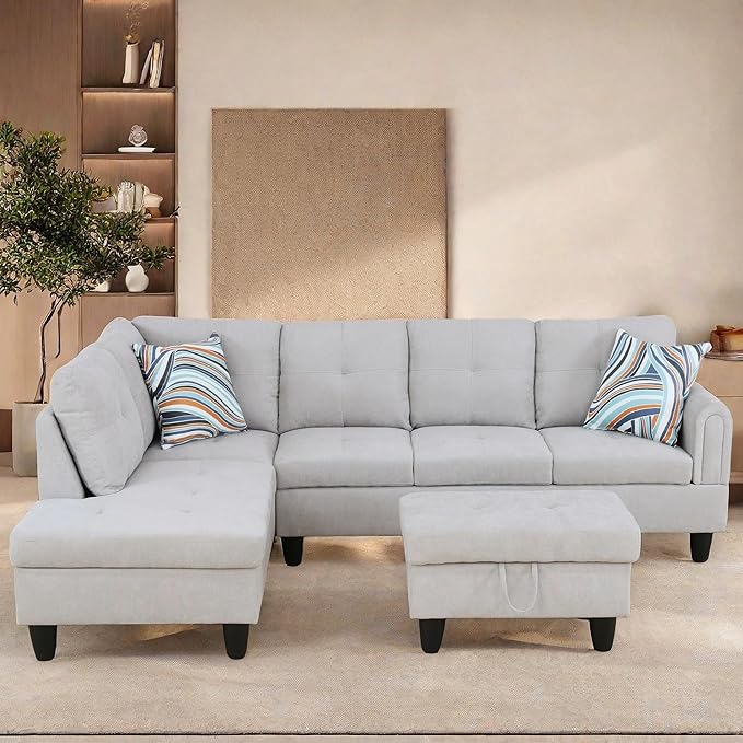 Large Storage Ottoman Sectional Sofa, L-Shaped Couch with Reversible Chaise, Space Saving Design, Gray Fabric with Accent Pillows. (Gray)