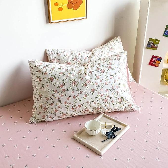 EAVD Garden Style Pink Floral Comforter Set Queen White Soft Microfiber Chic Floral Leaves Pattern Bedding Set with 2 Pillowcases Vintage Botanical Comforter Set for All-Season