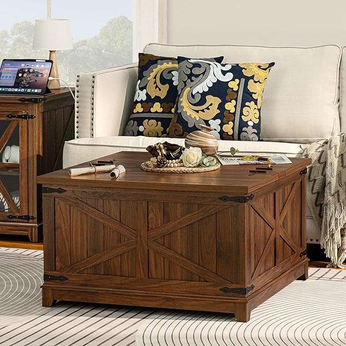 Farmhouse Coffee Table Sets 3 Pieces, Narrow Night Stand with Glass Barn Door Storage, Large Coffee Tables with Hidden Storage Organizer, Wood Furniture Sets for Living Room, Office, Brown