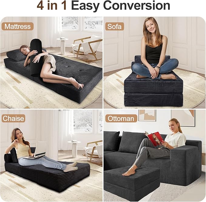 Folding Sofa Bed Futon, Boneless Couch, Supportive Sleeper Chair with Pillow, Comfy Plush Corduroy Fabric, Cozy Floor Couch, Versatile Convertible Mattress for Living Room, Dark Grey