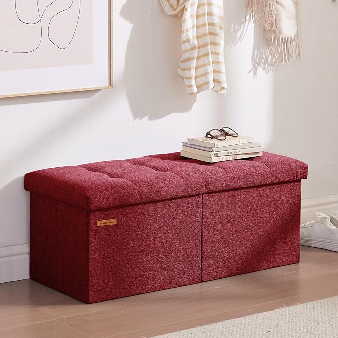 HAUSFRAU 31.5 Inches Ottoman with Storage Bench, Folding Ottoman Bench Small Foot Rest Stool, Bedroom Bench with Flipping Lid, Linen Bordeaux