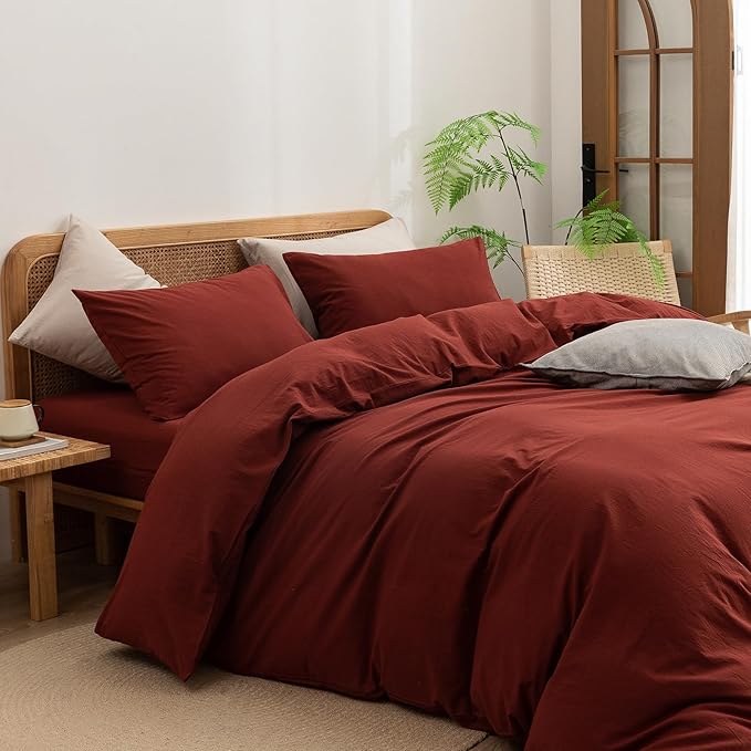 BESTOUCH Duvet Cover Set 100% Washed Cotton Linen Feel Super Soft Comfortable Chic Lightweight 3 PCs Home Bedding Set Solid Fired Brick Red King
