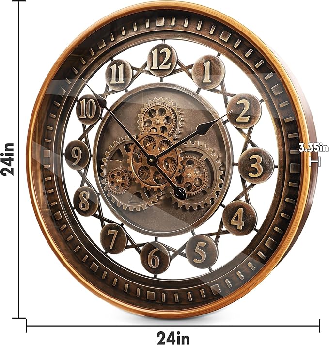 24 Inch Wall Clock with Moving Gears Large Industrial Steampunk Metal Clock Antique Gold Oversized Farmhouse Decor Wall Clock for Living Room Home Office(Bronze Brown-Arabic Numerals)