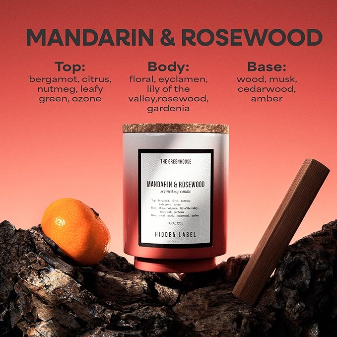 Hidden Label Fall Candle, Mandarin Rosewood Scented Candle, 12oz Natural Soy Wax, 75 Hours Long Lasting Clean Burn, Aromatherapy Candles for Home,Scented,Bathroom,Livingroom,Holiday Gift