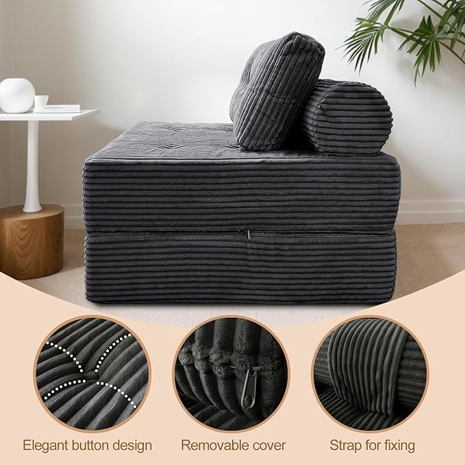 Folding Sofa Bed Futon, Boneless Couch, Supportive Sleeper Chair with Pillow, Comfy Plush Corduroy Fabric, Cozy Floor Couch, Versatile Convertible Mattress for Living Room, Dark Grey