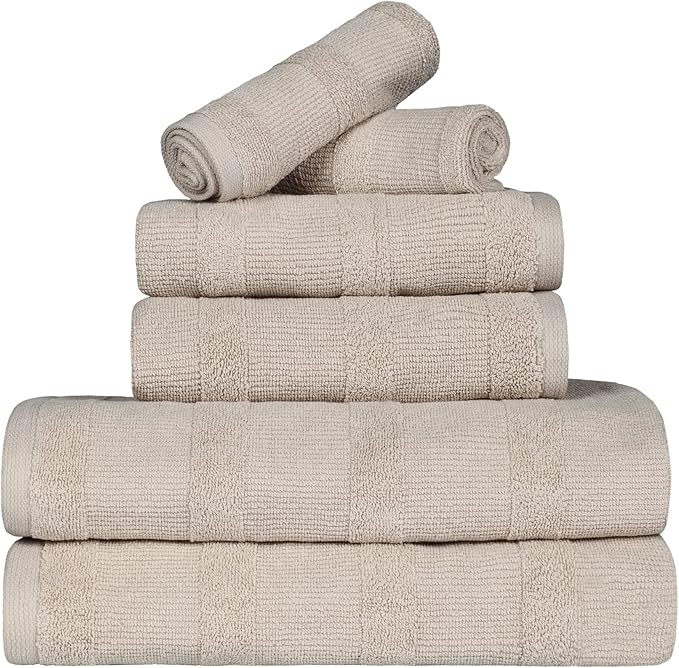 Superior Roma Cotton 6 Piece Assorted Towel Set, Highly Absorbent, Ribbed, Quick-Dry, Shower, Spa Basics, Home Essentials, Solid, Includes; 2 Bath Towels, 2 Hand Towels, 2 Face Towels, Stone