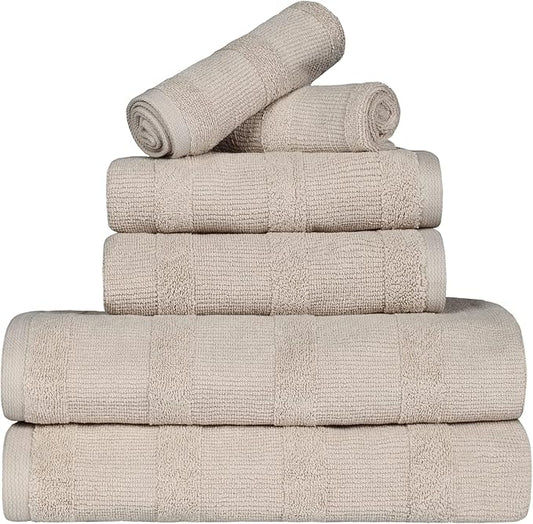 Superior Roma Cotton 6 Piece Assorted Towel Set, Highly Absorbent, Ribbed, Quick-Dry, Shower, Spa Basics, Home Essentials, Solid, Includes; 2 Bath Towels, 2 Hand Towels, 2 Face Towels, Stone