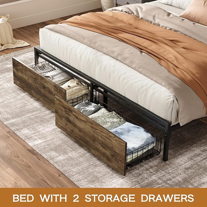 Queen Bed Frame with Storage Drawers and Charging Station, Upholstered Headboard Metal Platform Bed with USB Ports, No Box Spring Needed, Easy Assembly, Dark Brown