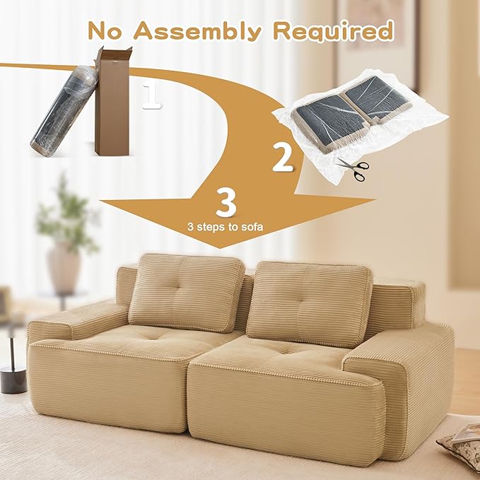 80'' Loveseat Sofa, 32D Foam Corduroy Boneless Couch with Pillow, Deep Seat Wide Arm Sectional Couch for Living Room, Small Spaces, Studio Apartment
