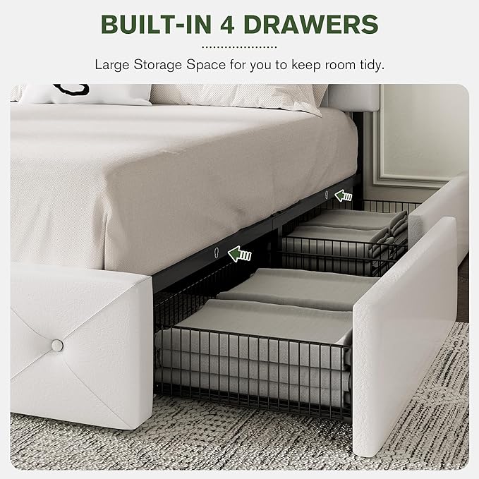 MUTICOR King Size Bed Frame with 4 Storage Drawers, Upholstered Platform Bed with Button Tufted Adjustable Headboard, No Box Spring Needed, Easy Assembly, Diamond Tufted, White Leather