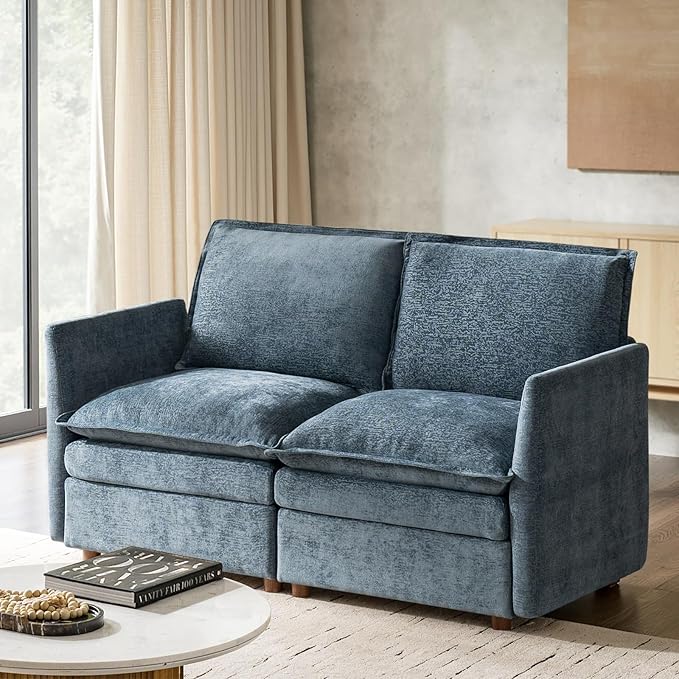 HULALA HOME 68'' Loveseat Sofa with Dual-Layered Cushions, 2 Seater Sofa with Storage Ottoman and Removable Cover, Modern Deep Seat Cloud Couch for Living Room, Blue