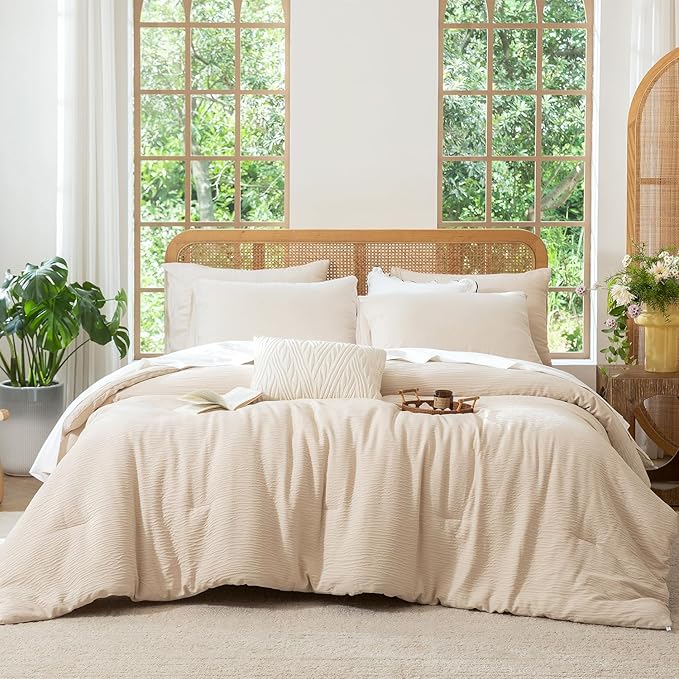 King Size Comforter Set Beige, 3 Pieces Double-Layer Crinkle Gauze Soft Bedding for All-Season Lightweight Warmth with 2 Pillowcases
