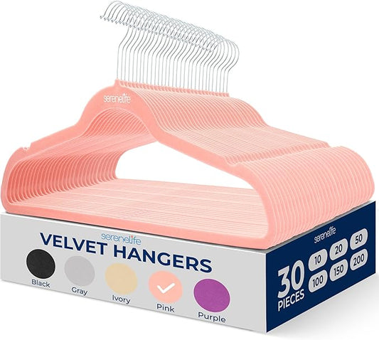 SereneLife 30 Pack Velvet Hangers – Non-Slip Clothes Hangers with Heavy Duty Design, Slim Space-Saving Coat Hangers with 360° Swivel Hook, Strong Lightweight Closet Organizer Set for Clothes (Pink)
