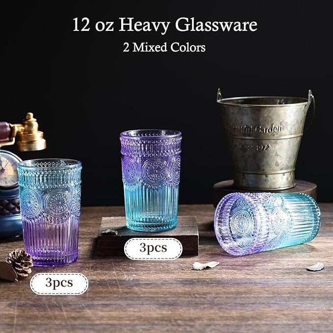 6pcs Vintage Drinking Glasses Set, 12 oz Glass Cups, Embossed Ribbed Glassware Drinking Glasses for Cocktail, Water, Juice, Coffee, Whiskey