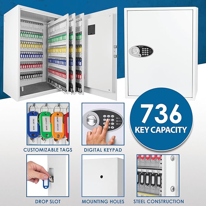 Barska 736-Key Digital Wall-Mount Key Cabinet Safe – Steel Key Lock Box with PIN Code Access, 2 Locking Bolts & Key Tags – Ideal for Home, Office, Property Management & Businesses