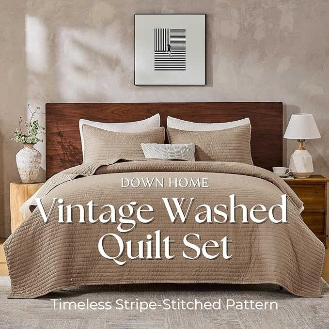 DOWN HOME King Quilt Bedding Set with Shams, Vintage Washed Soft Quilted Blanket Thin Comforter Lightweight Bedspread Coverlet Bed Cover, Brushed Microfiber Stripe Stitching, Brown, 104"x90"