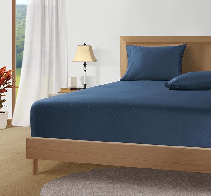 LANE LINEN Split King Sheets for Adjustable Beds - 5PC Sheets Set, 100% Egyptian Cotton, Cool Breathable & Soft, 2 Fitted Fits Upto 16" Deep Pockets - Swiss Dot - Estate Blue