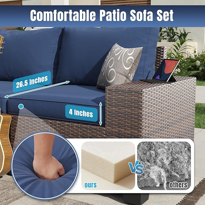 Aoxun 13 Pieces Patio Furniture Set with 44” Fire Pit Table Wicker Rattan Outdoor Sectional Conversation Set with Coffee Table and 4” Thickened Cushions, Blue(Waterproof Cover Included)