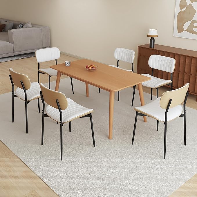 Modern PU Leather Dining Room Chairs Set of 4, Upholstered Kitchen Chairs with Curved Wood Backrest and Metal Legs Adjustable Feet for Kitchen Dining Room(White)