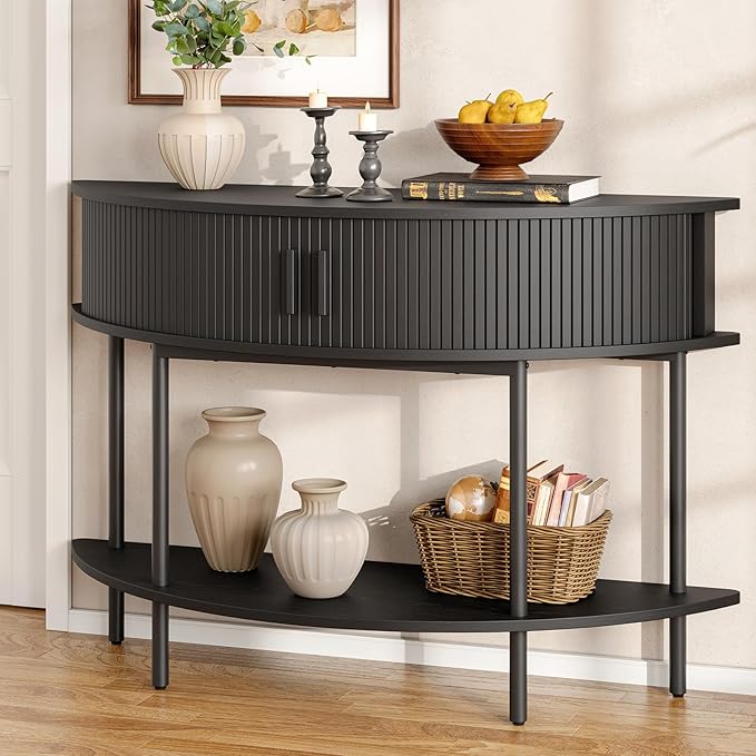 ONBRILL Half Moon Fluted Console Table, Entryway Table with Storage, Mid-Century Modern Sofa Tables, Behind Couch Tables, for Entryway, Hallway, Living Room, Small Spaces, Black