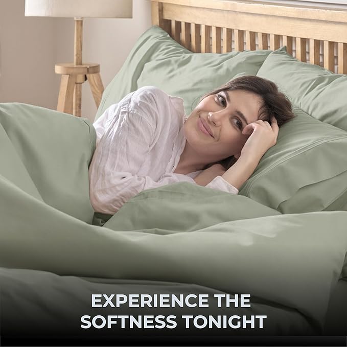 100% Natural Cotton Bed Sheets | 500 TC Single-Ply Sateen Weave Full Size Sheets | Soft, Breathable, Hypoallergenic Solid 4-Piece Bedding with Deep Pocket Fitted, Flat, Pillowcase | Sage