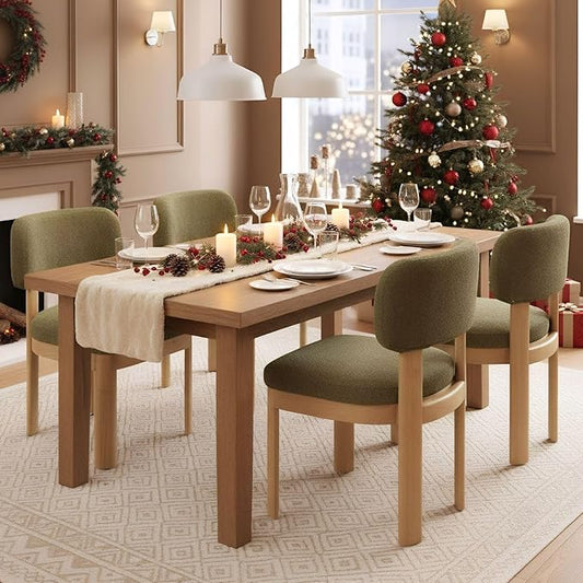 Green Upholstered Dining Chairs Set of 2 Chenille Fabric Dining Room Chairs Modern Barrel Kitchen Chairs with Curved Backrest and Wooden Legs