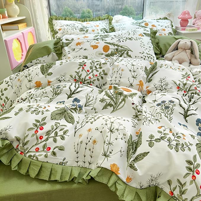 Vintage Green Floral Duvet Cover King 100% Cotton Ruffle Duvet Cover Aesthetic Flower Comforter Cover Green Ruffle Bedding Cottagecore Comforter Cover Boho Farmhouse Duvet Cover with Zipper Closure