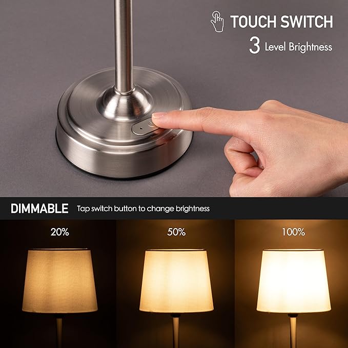 O’Bright Seraph - Cordless LED Table Lamp with Dimmer, Built-in Rechargeable Battery, 3-Level Brightness, Patio Table Lamp, Bedside Night Lamp, Ambient Light for Restaurant, Brushed Nickel