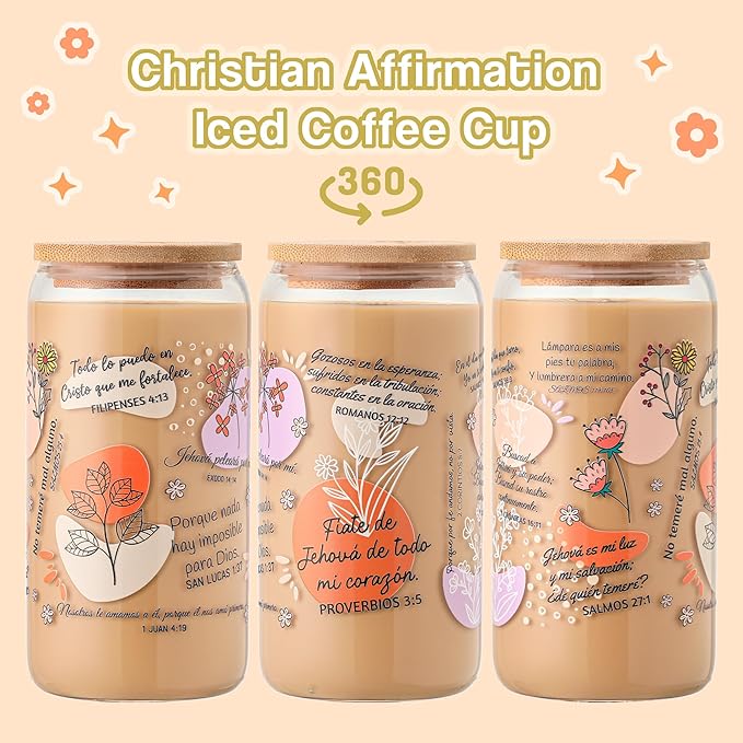 Spanish Bible Verse Coffee Mugs - Christian Gifts for Women, 16oz Religious Glass Tumbler with Lid & Straw, Inspirational Spanish Scriptures, Birthday & Christmas Gift for Mom Wife Friends