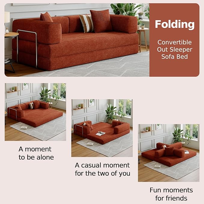 Compressed Sleeper Sofa Bed,Convertible Floor Boneless Couch-with Comfy Pillow,Modular Modern Corduroy Sofa for Living Room Bedroom Lounge Studio-with Fixed-Shape Frame and Support Armrest
