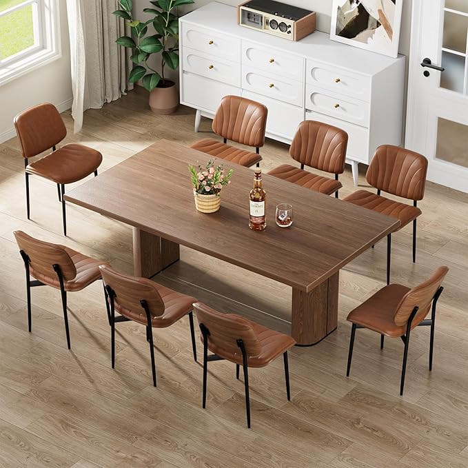 Dining Chairs Set of 6, Mid-Century Modern Upholstered PU Leather Chairs with Walnut Bentwood Back and Metal Legs Adjustable Feet for Kitchen Dining Room, Camel Shell Strips