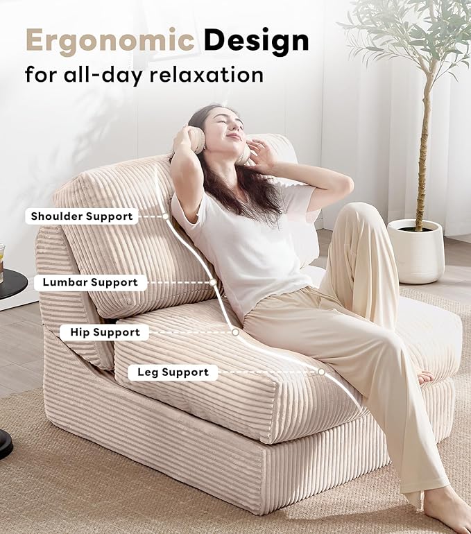 Tbfit Folding Sofa Bed, Convertible Sleeper Chair with Large Pillow, Corduroy Folding Couch Bed, Portable & Foldable Mattress Boneless Floor Sofa for Living Room, Bedroom, Office, Khaki, Single