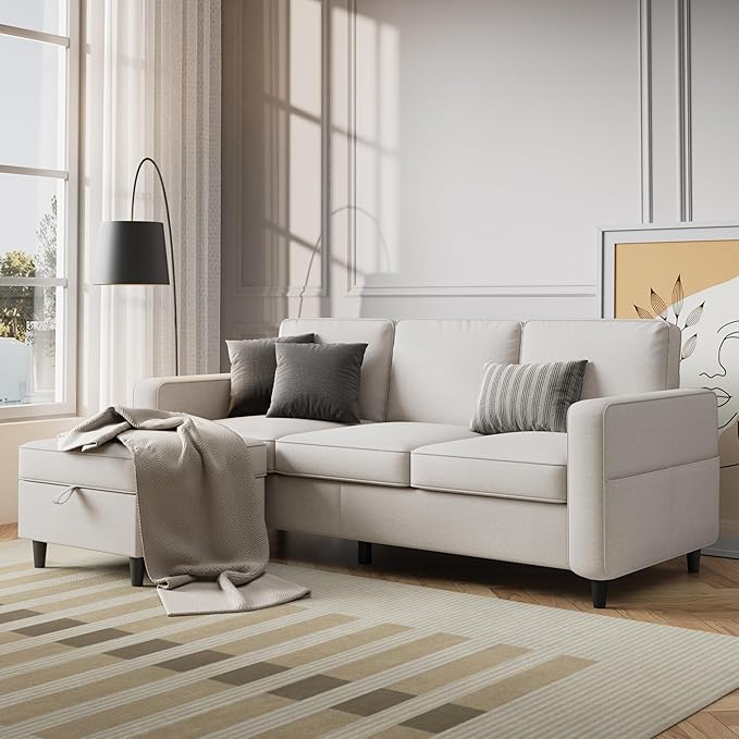 Sectional Sofa Couches for Living Room, 78'' Beige 3 Seater L-Shaped Couch with Storage Ottoman, Comfy Linen Convertible Sectionals Sofas with Chaise for Apartment, Office, Small Space