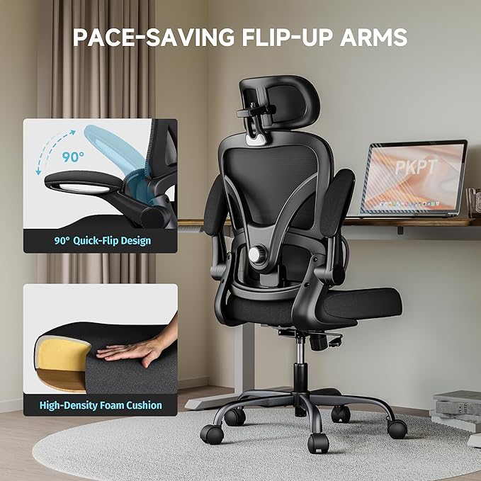 Ergonomic Office Chair with Adjustable Lumbar Support & Headrest, High Back Mesh Chair with Flip-up Armrests for Long Hours, 330 lbs Home Office Desk Chair, Black