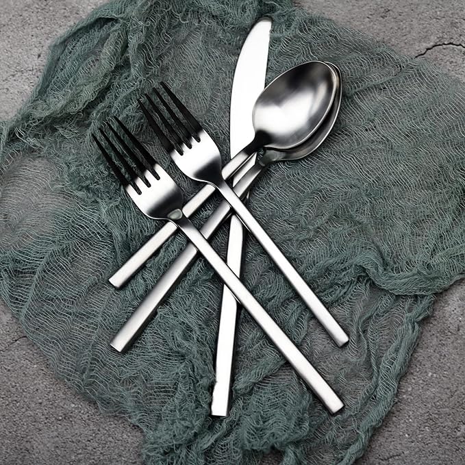 Alata Cube 20-Piece Forged Silverware Set Stainless Steel Flatware Set,Service for 4,Matte Satin Polished Cutlery Set,Dishwasher Safe