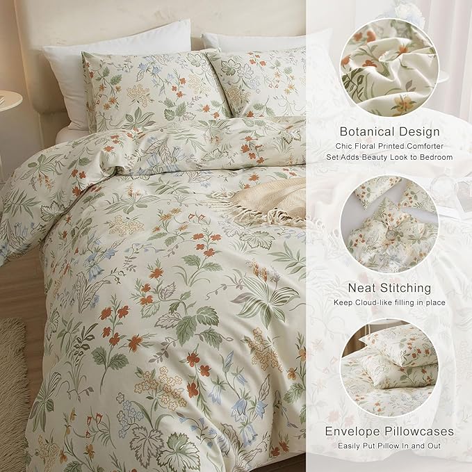 EAVD Chic Fresh Floral King Comforter Set White Soft Microfiber Garden Leaves Floral Bedding Comforter Set with 2 Pillowcases Reversible Botanical Cottagecore Comforter Set