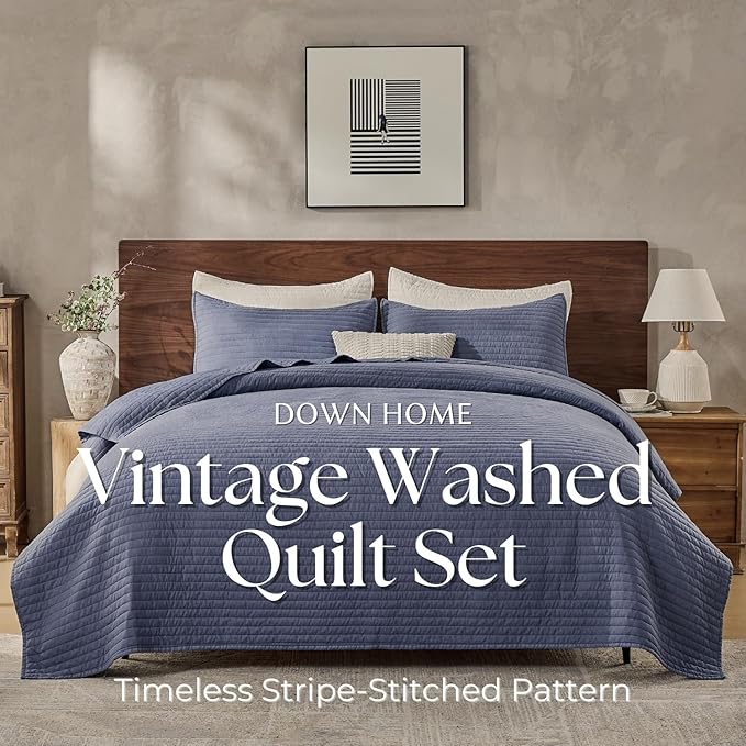 DOWN HOME Queen Quilt Bedding Set with Shams, Vintage Washed Soft Quilted Blanket Thin Comforter Lightweight Bedspread Coverlet Bed Cover, Brushed Microfiber Stripe Stitching, Vintage Denim, 86"x90"