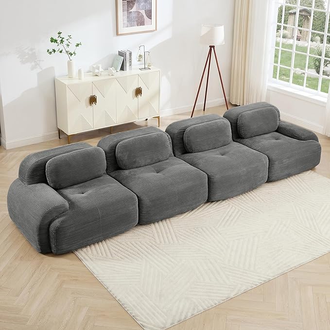 152" Modern Compressed Boneless Couch, 4 Seater Sectional Couches for Living Room, Gray Corduroy Cloud Modular Sectional Sofa, Comfy Memory Foam, Extra Deep, Sofas para Sala, No Assembly