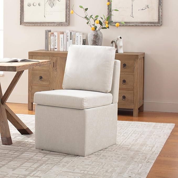 VKNOW Upholstered Dining Chairs, Modern Kitchen Chairs with Storage, Linen Armchair Dining Room Chairs for Kitchen Room (Beige, Set of 1)