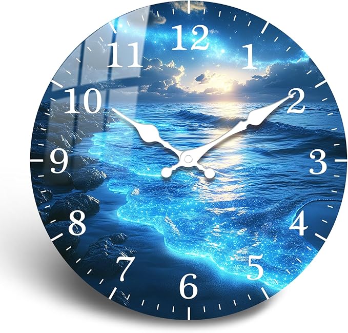 Modern Round Wall Clock 14 inch Wooden Blue Tears Wall-Clock with Tempered Film Silent Analog Clock for Bedroom, Office, Living Room Decor