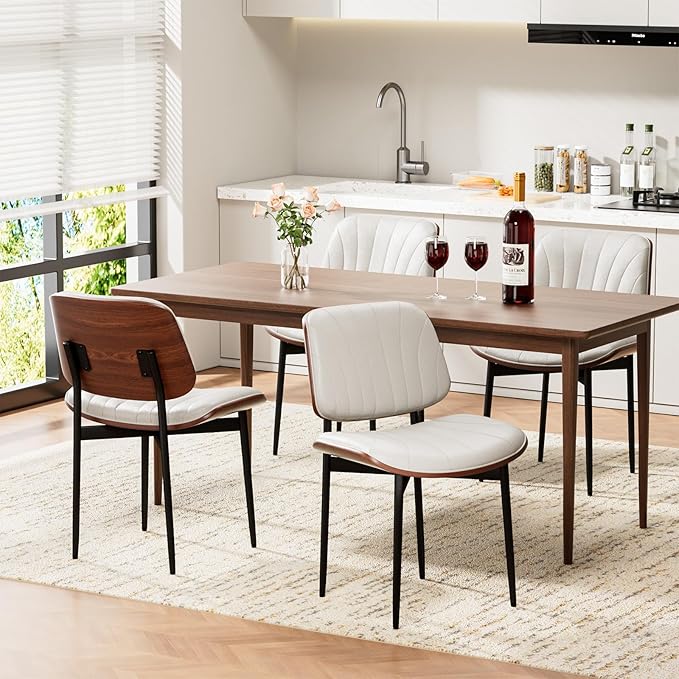 Dining Chairs Set of 8, Mid-Century Modern Upholstered PU Leather Chairs with Walnut Bentwood Back and Metal Legs Adjustable Feet for Kitchen Dining Room, Off-White Shell Strips