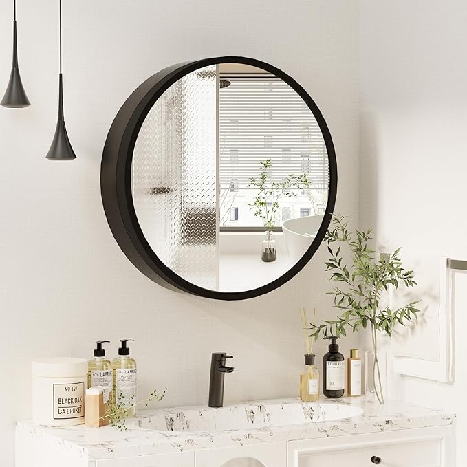 Royal Windsor 20 Inch Round Medicine Cabinet Mirror, Bathroom Mirror Wall Cabinet with Storage and Shelf, Surface Wall Mounted,Arched Cabinet Makeup Vanity Mirror for Bedroom, Black