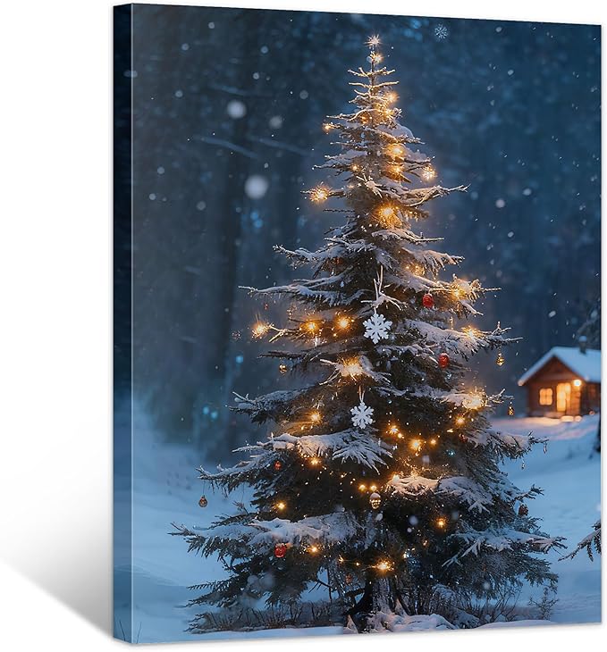 Framed Christmas Pictures Wall Decor,Vintage Pine Tree Prints,Winter Christmas Canvas Wall Art Decoration for Bedroom Bathroom Living Room Rustic Xmas Holiday Gifts (Christmas Tree 19, 11'' X 14'')
