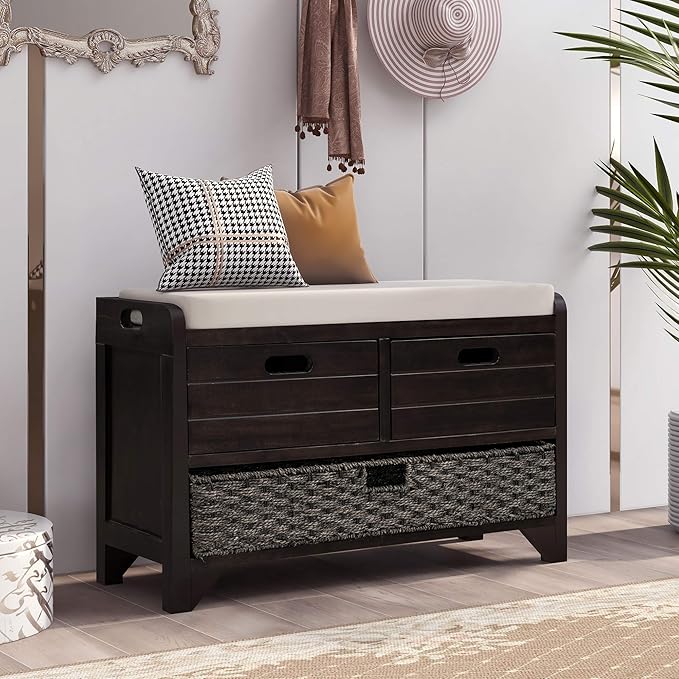 Fully Assembled Storage Bench with Cushioned Seat, 2 Drawers & Removable Basket, Solid Wood Entryway Shoe Bench for Bedroom, Hallway, Living Room (Espresso)