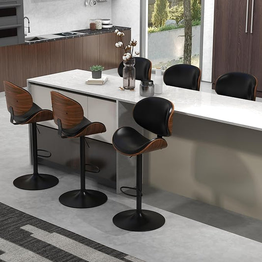 civama Bar Stools Set of 6 for Kitchen Counter, Adjustable Bar Height Chairs, Modern Swivel Barstools with Bentwood Seat and Back with Footrest for Kitchen Island, Dining Room, Black PU Leather