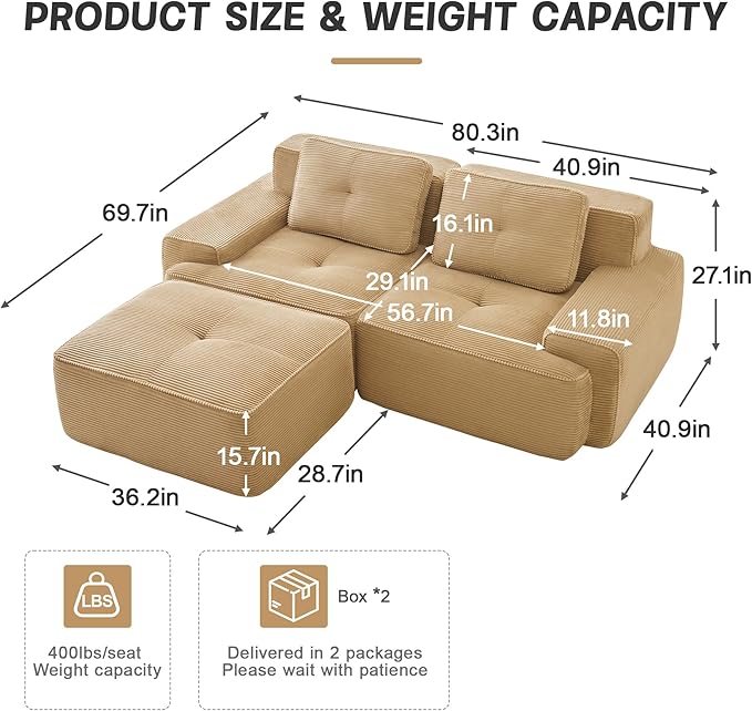 80" Modern Compressed Boneless Love Seat Couches with 1 Ottoman, 2 Seater Large Sectional Couches for Living Room, Camel Corduroy Cloud Modular Sectional Sofa, Memory Foam, Deep Loveseat, No Assembly