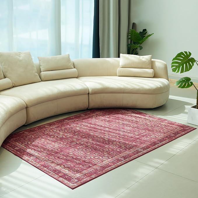 5x7 Soft Washable Area Rugs for Living Room and Bedroom, Non-Slip Stain Resistant Indoor Carpet, Cozy Floor Mat for Dining Room, Office, Under TableStain Resistant Persian red Floral