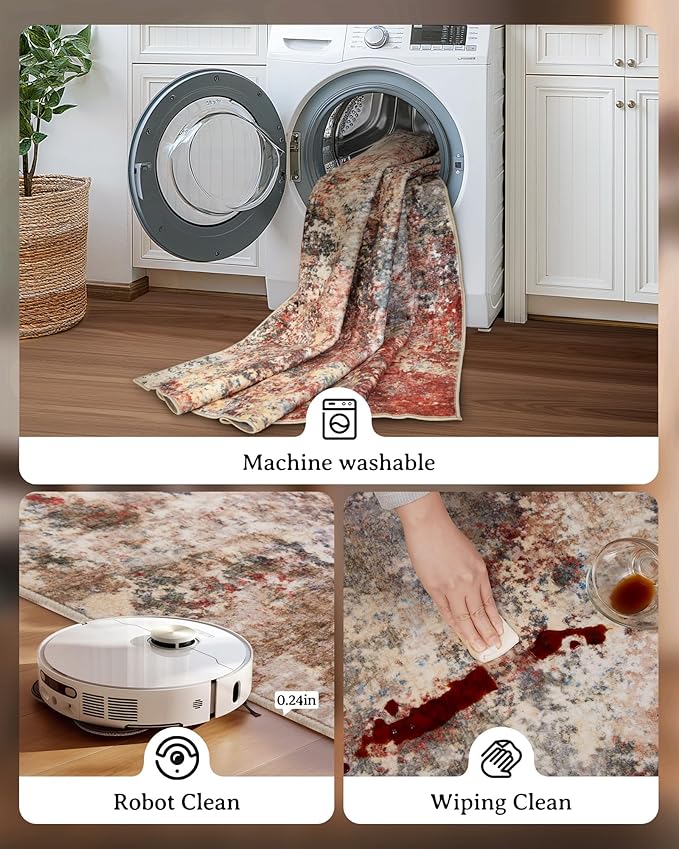 Washable Area Rug for Living Room: 6x9 Modern Abstract Neutral Soft Rug for Bedroom Dining Room No Slip Low Pile Carpet for Nursery Home Office - Red/Ivory