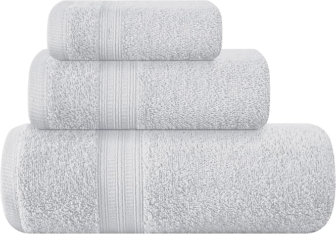 BOUTIQUO Ultra Soft 3 Pack Cotton Towel Set, Contains a Bath Towels 27x54 inch, a Hand Towels 16x24 inch & a Wash Coths 12x12 inch, Ideal Everyday use, Compact & Lightweight - Light Grey